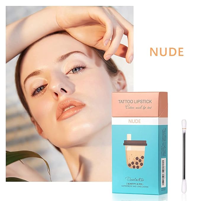 FLIPNEX 20Pcs Cotton Swab Tattoo Lipstick, Tattoo Lipstick Cotton Swab Lip Tint, Waterproof and Long Lasting Liquid Non-Stick Portable Lip Gloss (Nude)