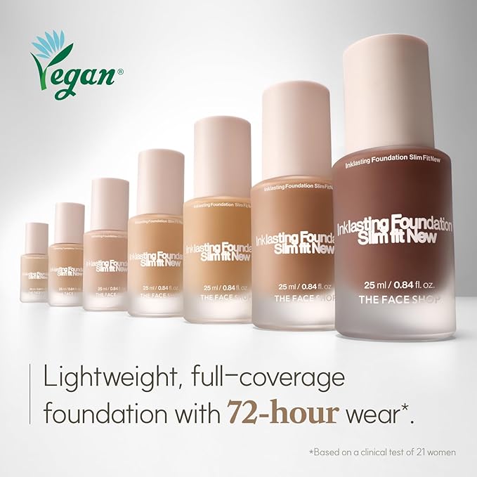 THE FACE SHOP Ink Lasting Liquid Foundation, Full Coverage, 72‑Hour Wear Semi‑Matte Finish, Makeup with Bakuchiol, N320 Chestnut, 0.84 Fl. Oz.