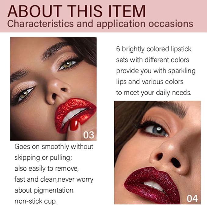 evpct 6Pcs Diamond Lip Gloss Matte to Glitter Liquid Lipstick Waterproof, Metallic Metal Shimmer Liquid Diamond Glitter Sparkle Sparkling Lipstick Lip Gloss Sets for Women Lips Kit, glitter+lipstick