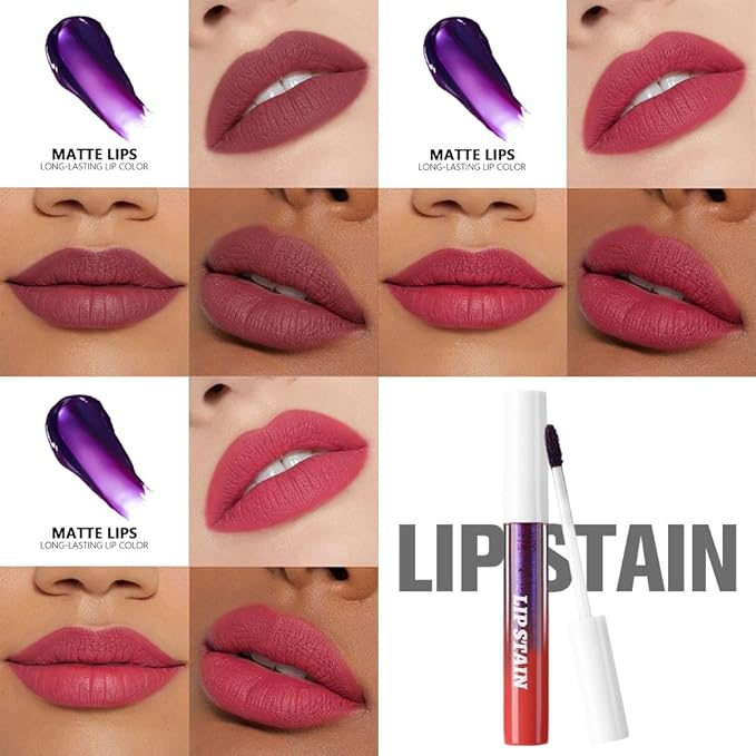 evpct 3Pcs Maroon Mauve Vivid Red Peel Off Lip Stain Tints, Matte Liquid Lipstick Lip Stain Long Lasting Waterproof for Women, Longwear Lipstick Peel Off Highly Pigmented Smudge-proof Easy to Apply