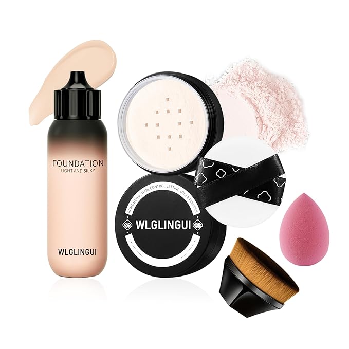 Full Coverage Liquid Foundation Makeup Set,Oil Control Concealer Long Lasting Waterproof Loose Setting Face Powder,Moisturizing BB Cream Set with Soft Makeup Sponge and Foundation Makeup Brush(4PCS)