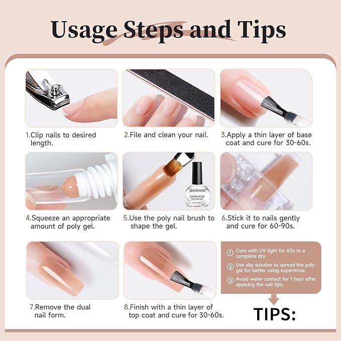 JEWHITENY Poly Nail Gel Set Clear Nude Brown Neutral Classic Color Base and Top Coat Slip Solution Poly Extension Gel With Acrylic Nail Builder Need U V Lamp Curing