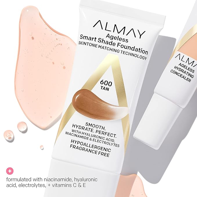 Almay Anti-Aging Foundation, Smart Shade Face Makeup with Hyaluronic Acid, Niacinamide, Vitamin C & E, Hypoallergenic-Fragrance Free, 500 Golden, 1 Fl Oz (Pack of 1)