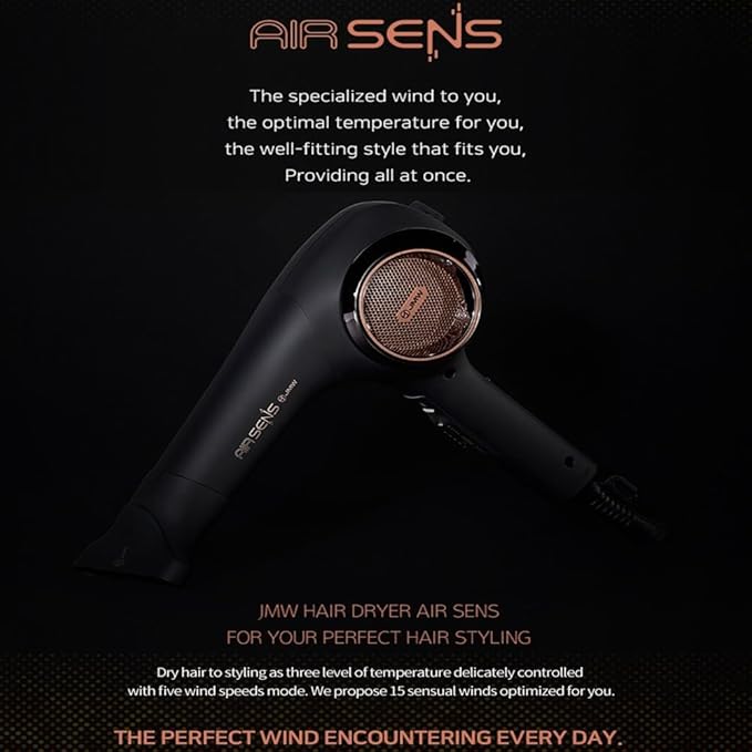 JMW Korean Professional Salon Hair Dryer AIR Sense I 15 Winds-3 Heat X 5 Speed Mix, 2 Nozzles & Dryer Stand, Upgrade BLDC Motor, 100% Cool Shot, Smart Memory, Fast Drying, Quiet and Long-Lasting