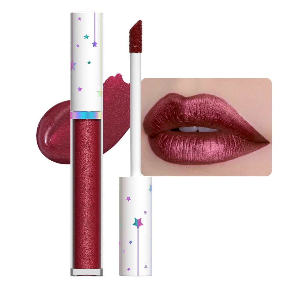 evpct 1Pcs Dark Red Metallic Shimmer Glitter Lip Gloss Liquid Lipstick Long Lasting Waterproof 24, Glitter Pearlescent Metallic Sparkly Glossy Liquid Lipsticks Lip Stain Makeup Set for Women 10#