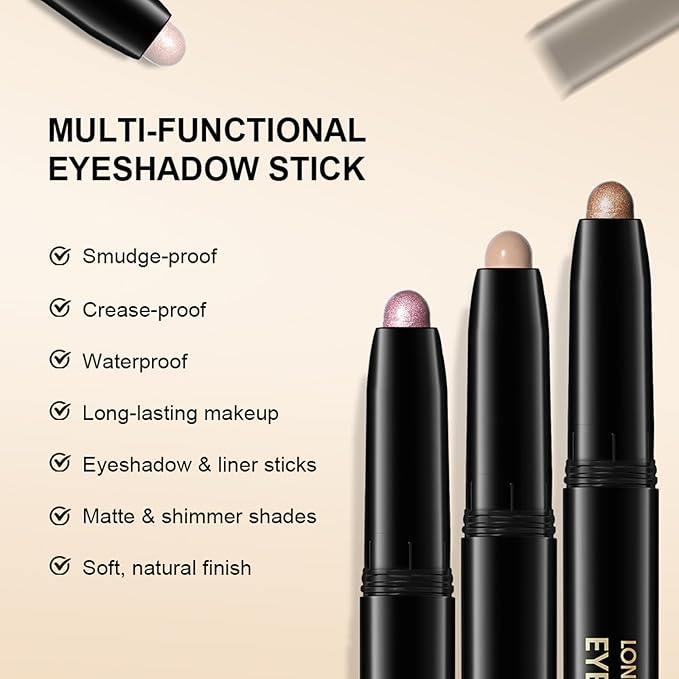Eyeshadow Stick, Shimmer and Matte Cream Eye Shadow Brightener Sticks Eyeliner Pencil Crayon, Waterproof Long Lasting Eye Highlighter Stick Makeup,0.056 Oz(2PCS #6-Oyster+#9-Champagne)