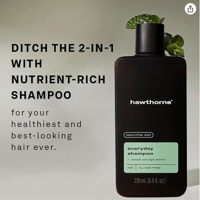 Hawthorne Men's Everyday Shampoo. For Stronger, Healthier Hair with Pure Avocado Oil and Coconut Oil. Mint and Eucalyptus Scent. Natural, Sulfate Free, Paraben Free. 8 fl. oz. 2-Pack.