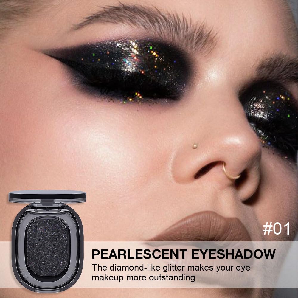 Black Glitter Eyeshadow Palette Makeup for Women, Glitter Shimmer Metallic Holographic Iridescent Single Monochrome Eyeshadow Halloween Birthday Party Wear Makeup, Sombras Crema Para Ojos