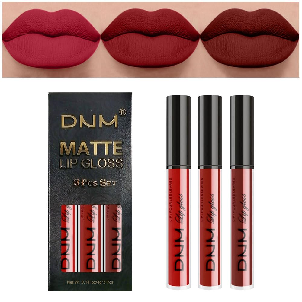 evpct 3Pcs Dark Deep Ruby Light Rose red Brown red Matte Liquid Lipstick Sets for Women 24-hour Matte+Lipstick Lipsticks Lip Stain Gloss Long Lasting 24 Smudge Waterproof