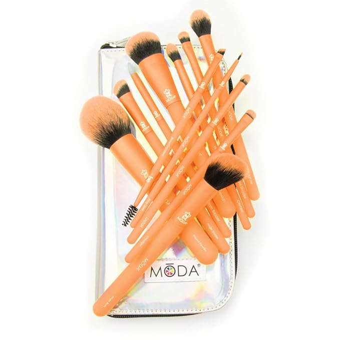 MODA Totally Electric Neon Orange Full Face Makeup Brush Kit – 13pc Vibrant Brush Set for Face & Eyes with Zip Case