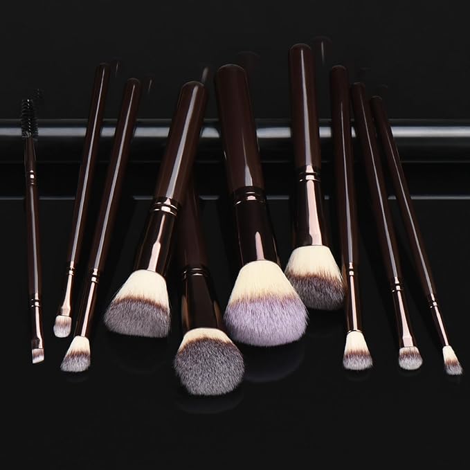 10 Piece Black brown Makeup Brushes and 10 Piece Makeup Sponge – Wooden Handle,with Soft Synthetic Bristles,|Professional Makeup Brushes set for Women & Girls|