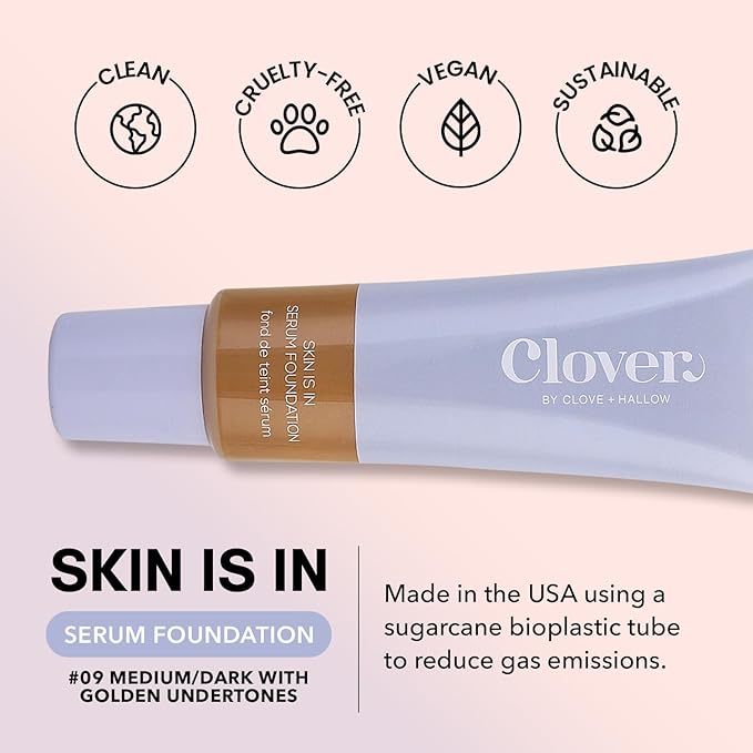 Clover Skin Is In Serum Foundation | Hydrating Face Serum, Lightweight Foundation, Cruelty-Free & Vegan | With Squalane And Sunflower Seed Wax | 30 ml - Shade 09 (Medium-Dark)