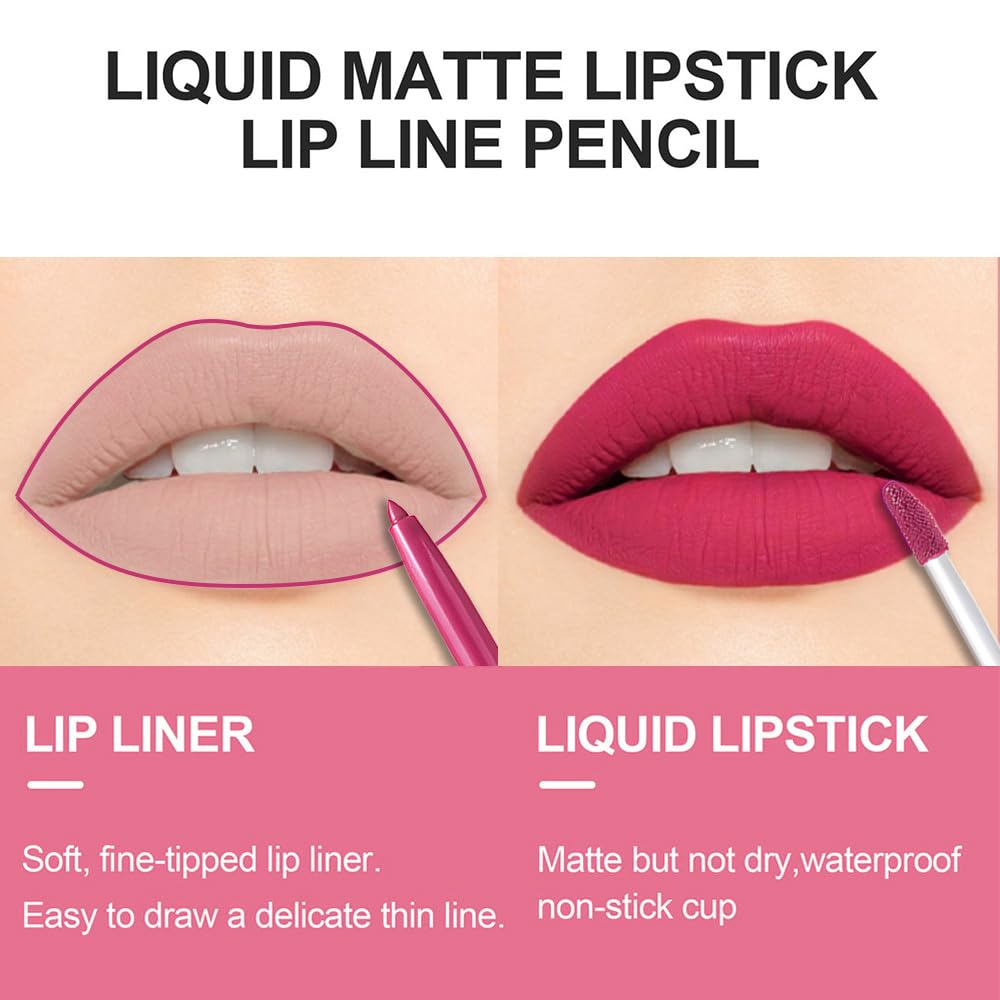 evpct 2Pcs Rose Red Matte Lip Liner and Lipstick Lip Gloss Pencils Makeup Set Kit for Women Long Lasting Waterproof