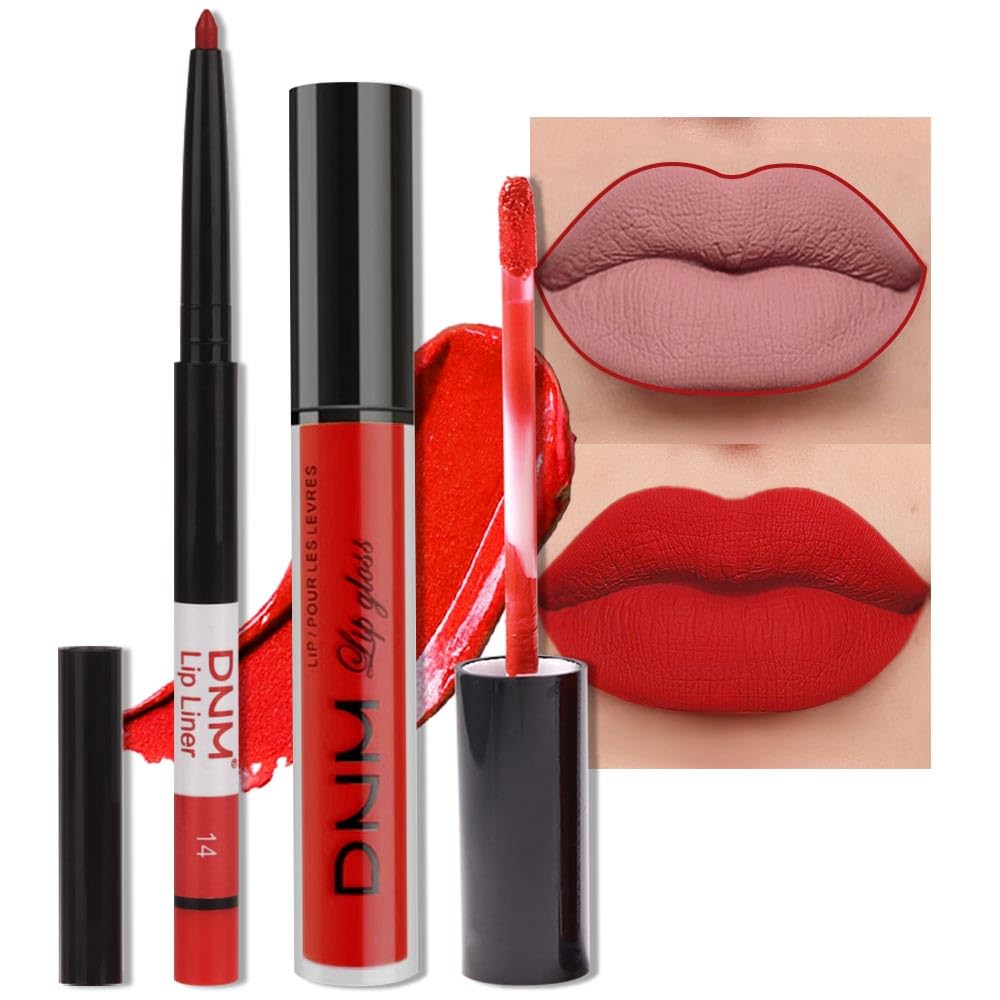 evpct 2Pcs Ruby Red Matte Lip Liner and Lipstick Combo Red Lip Gloss Stains Pencil Makeup Set Women Waterproof Long Lasting 24 Hours Lipstick and Lip Liner Set labiales mate 24 horas originales 14