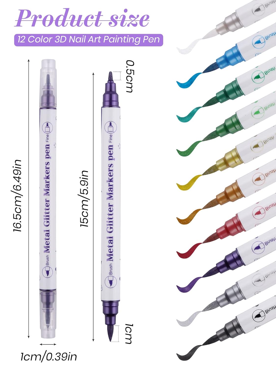 10 Color Metal Giltter 3D Nail Art Pens Set, Kalolary Double-ended Nail Point Dotting Pen Drawing Painting Liner Brush for DIY Nail Art Beauty Adorn Manicure Tools(G)