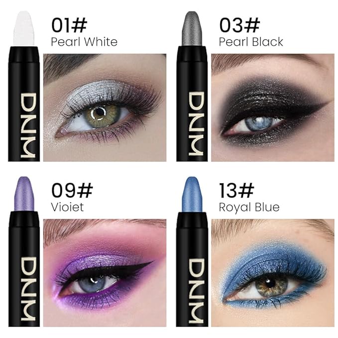 Kaely 4Pcs Metallic Shimmer Eye Shadow Sticks Set, Pearl White Pearl Black Vioiet Purple Royal Blue, Eyeliner Pencil Eyeshadow Palette Halloween Makeup, Eye Highlighter Brightener Stick for Women