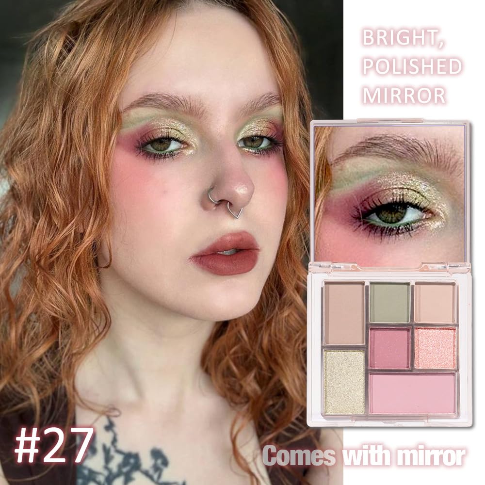 Nude Pink 7Colors Eyeshadow Makeup Palette with Mirror,Green Natural Neutral Eye Shadow Palettes for Older Women,Long Lasting Naturing-Looking,Lightweight,Waterproof,Eye Makeup Kit Travel Size,Vegan