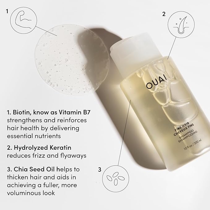 OUAI Fine Shampoo - Volumizing Shampoo with Strengthening Keratin, Biotin & Chia Seed Oil for Fine Hair - Delivers Clean, Weightless Body - Paraben, Phthalate & Sulfate Free Hair Care (10 Fl Oz)