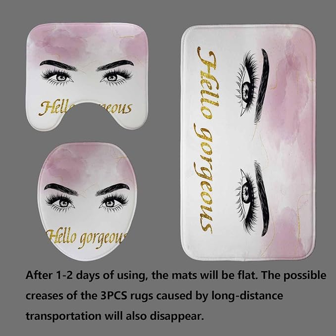 4PCS Hello Gorgeous Eyelash Shower Curtain Set, Gold Glitter Quotes Black Eyebrow Makeup Pink Marble Glam Modern Fashion Girly Women Bathroom Decor, Non-slip Bath Mat Toilet Rug, Charming Eyes