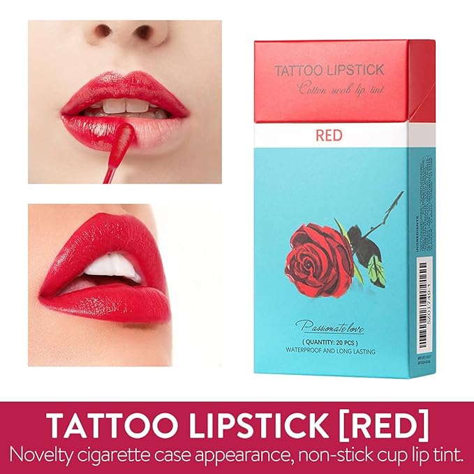 FLIPNEX 20Pcs Cotton Swab Tattoo Lipstick, Tattoo Lipstick Cotton Swab Lip Tint, Waterproof and Long Lasting Liquid Non-Stick Portable Lip Gloss (Red)