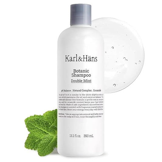 Karl&Hans Botanic Double Mint Vegan Shampoo Organic for Men and Women, Sulfate-Free Hair Shampoo with Peppermint & Natural Flower Extracts, Scalp Repair for All Hair Types, 13.2 fl oz