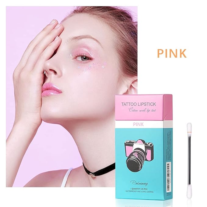 FLIPNEX 20Pcs Cotton Swab Tattoo Lipstick, Tattoo Lipstick Cotton Swab Lip Tint, Waterproof and Long Lasting Liquid Non-Stick Portable Lip Gloss (Pink)