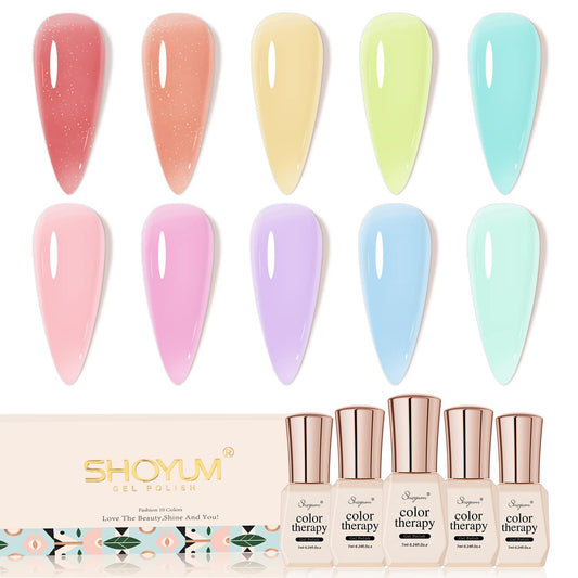 Jelly-Pastel Gel Nail Polish Set - 10 Pcs Pink Nude Gel Polish Set with Summer Yellow Blue Colors - DIY Soak Off Nail Lamp - Easter Decoration Gifts for Women - Manicure Kit