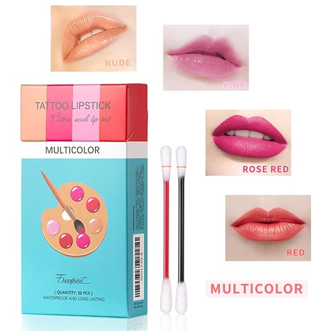 FLIPNEX 20Pcs Cotton Swab Tattoo Lipstick, Tattoo Lipstick Cotton Swab Lip Tint, Waterproof and Long Lasting Liquid Non-Stick Portable Lip Gloss (Red)