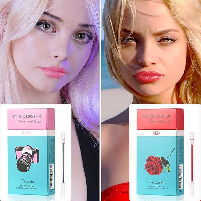FLIPNEX 20Pcs Cotton Swab Tattoo Lipstick, Tattoo Lipstick Cotton Swab Lip Tint, Waterproof and Long Lasting Liquid Non-Stick Portable Lip Gloss (Red)