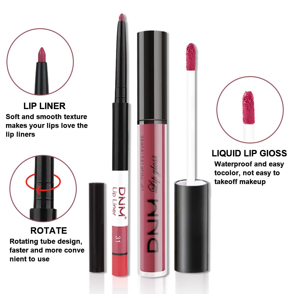 evpct 2Pcs Rose Red Pink Mauve Neutral Color Lip Liner and Matte Lipstick Makeup Sets Vegan Lipstick Lip Liner and Gloss Set Lip Stain Long Lasting Waterproof 24 31#