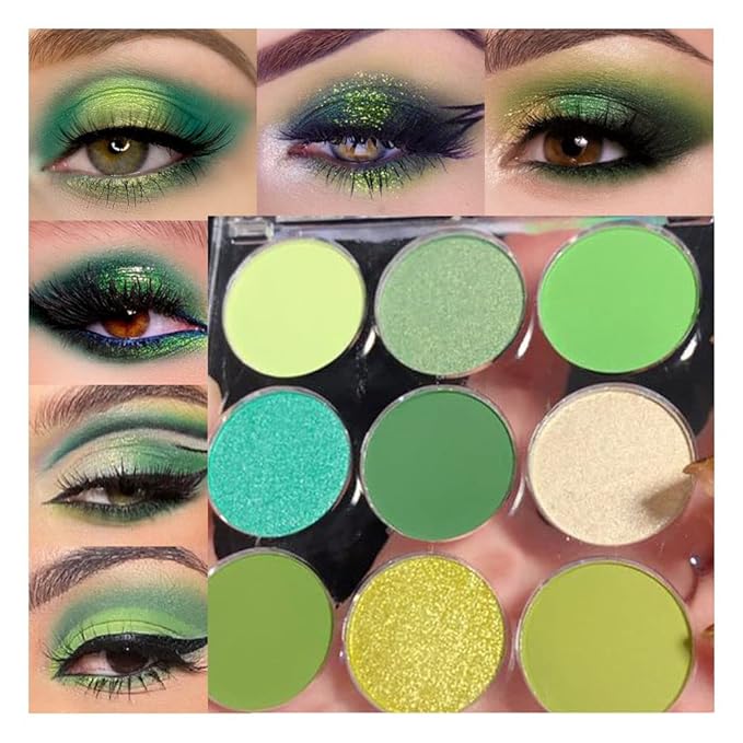 9 Colors Shimmer Matte Green Eyeshadow Palette. Highly Pigmented Light Green Eyeshadow Dark Green Eye shadow Paleta.Blendability Shiny Matte Green Makeup Powder Palet.paleta de sombras de ojos verdes