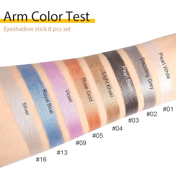 Kaely 8Pcs Cream Eyeshadow Stick Set, Pearl White Black Gray Khaki Royal Blue Vioiet Purple Silver, Shimmer Eyeliner Pencil Eye Shadow Sticks Palette Makeup for Older Women, sombras para ojos 01