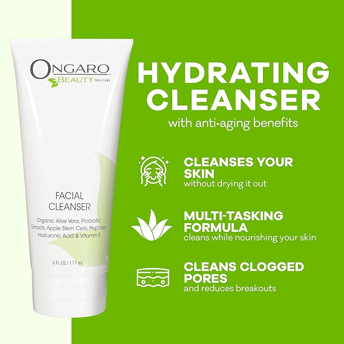 Ongaro Beauty Hydrating Face Cleanser, Gentle Facial Cleanser with Organic Aloe Vera for Normal, Oily, Sensitive and Dry Skin, Facial Wash with Hyaluronic Acid and Vitamin E, 6 fl oz