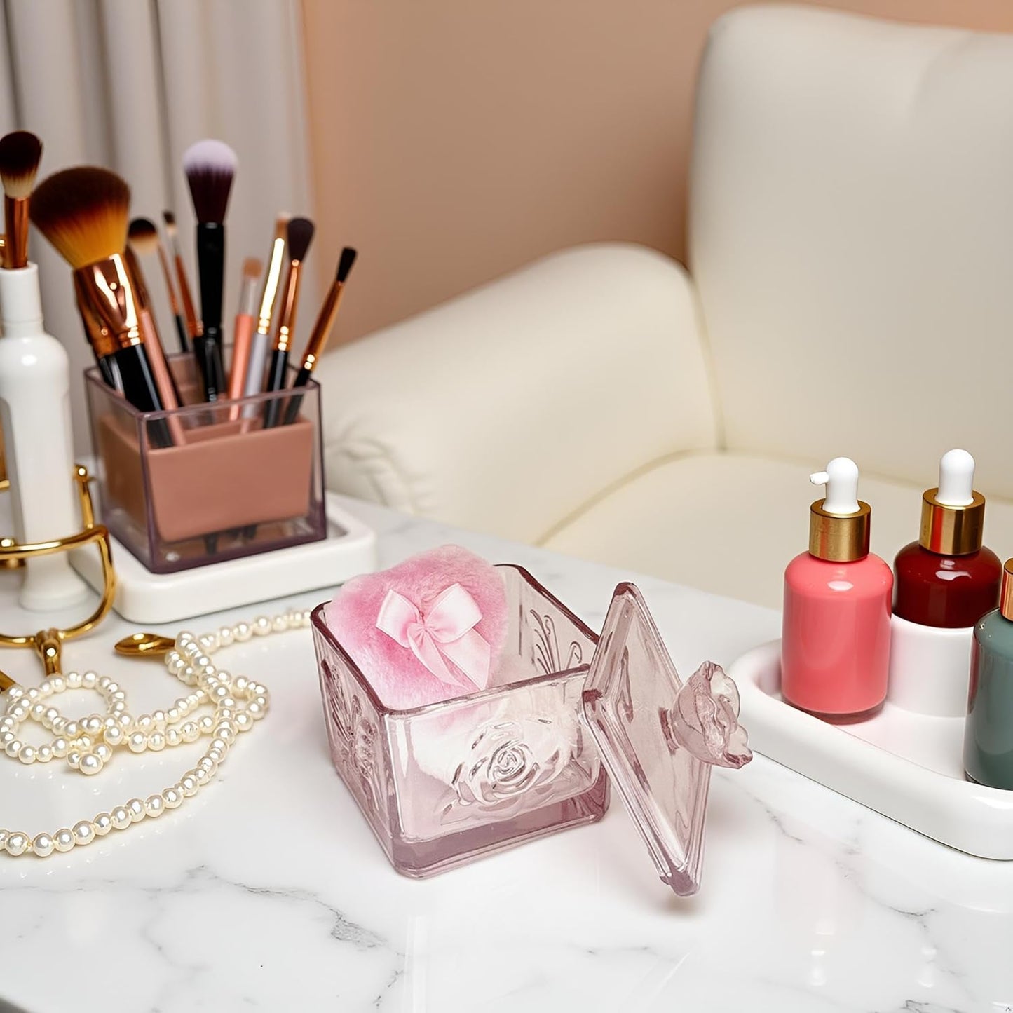 Body Powder Puff and Container - Glass Dusting Powder Container with 2 Soft Puffs – Vintage Powder Puff Case for Women & Girls (3.74x3.74x4.53 H IN)- GRB013-Pink