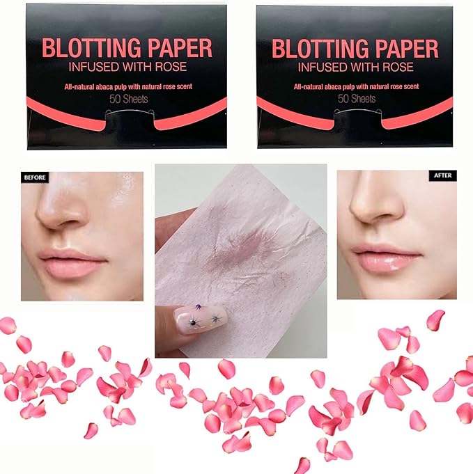 2 Pks ROSE INFUSED Natural Abaca Blotting Paper - 100 Oil Blotting Sheets - Makeup Friendly UNISEX All Skin Types Oily Skin Shine Blotter Photography Zoom Meetings Travel Gym School - MADE IN TAIWAN