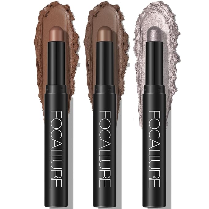 FOCALLURE 3PCS Cream Eyeshadow Stick Sets,Matte and Shimmer Eye Brightener, High Pigmented Crease-proof Pencil,Long Lasting Eye Shadow Highlighter Makeup,Silver Mocha