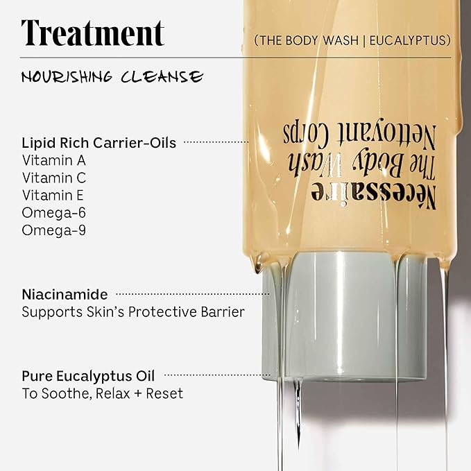 Nécessaire The Body Wash Eucalyptus - Natural Body Wash for Women & Men, Replenishing Shower Gel with Niacinamide, Vitamin C/E + Omega 6/9. Oil-In-Gel Cleanse, 8.4 fl oz.