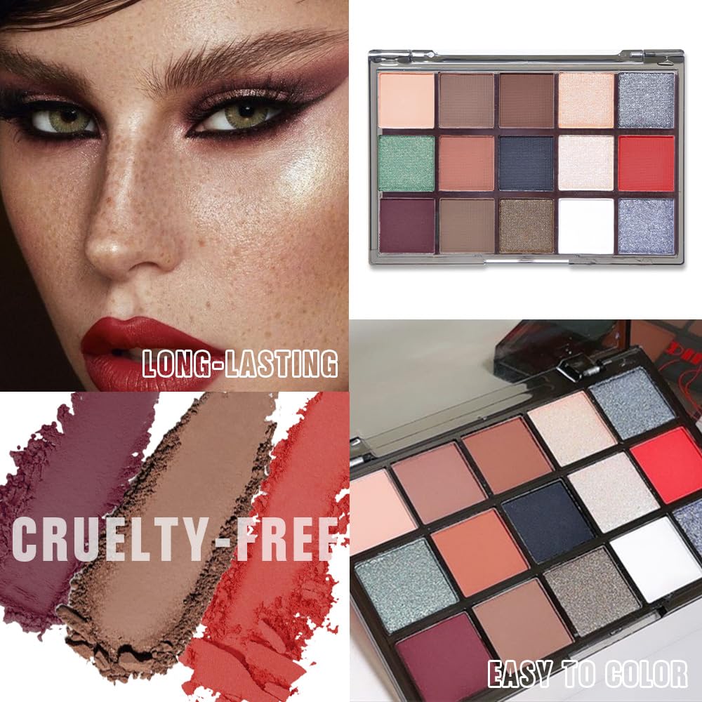 Smokey Red Eye Shadow Makeup Palette,15 Colors Gray Silver Brown Dark Shimmer Matte Makeup Pallet,Long Lasting Waterproof for Daily and Halloween,Vegan,Cruelty -free