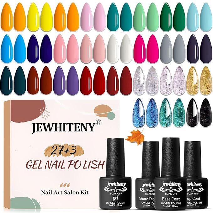 JEWHITENY 30PCS Nail Polish Kit 27 Colors Green Blue Pink Orange Gitter Sock Off Gel Polish with Matte& Glossy Top Base Coat for DIY Nail Art Manucure at Home Salon