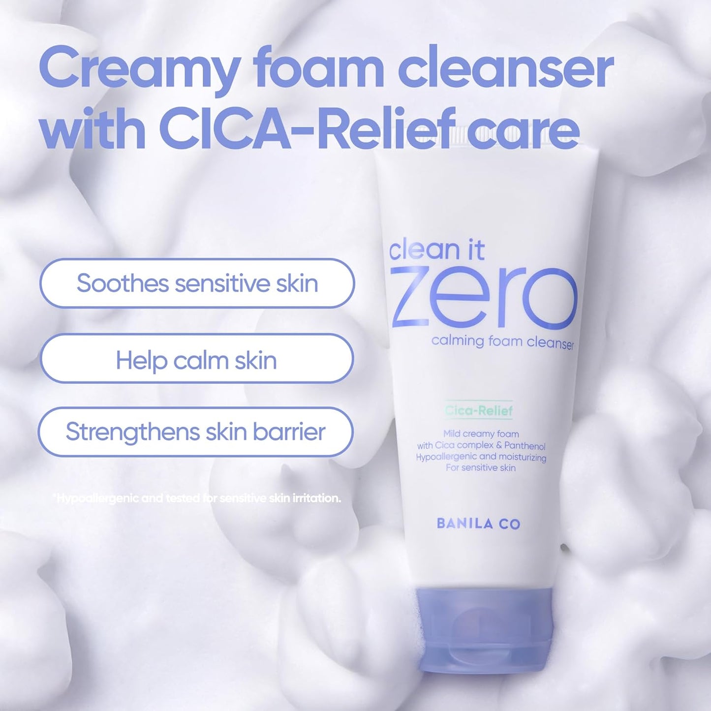 BANILA CO Clean It Zero Calming Foam Cleanser | Rich Lather Hydrating Cleansing With Soothing Finish | CICA Relief for Sensitive Skin | Vegan & Hypoallergenic (150ml / 5.07 fl.oz)