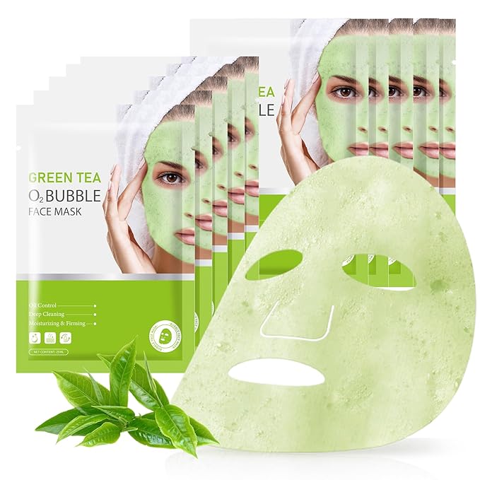 10 Sheets Face Masks Skincare O2 Bubble Green Tea Face Mask, Cleaner Bubble Sheet Masks Foaming Purifying Facial Mask for Pores, Moisturizing Spa Face Masks Skin Care For All Skin Type