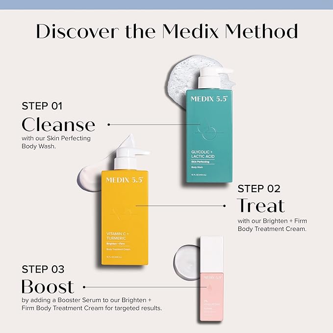 MEDIX 5.5 Exfoliating AHA Glycolic Acid Face & Body Scrub Cleanser + Vitamin C Moisturizing Body Cream Lotion Skin Care 2PC Set | Alpha Hydroxy Acid & Lactic Acid Foaming Body Wash & Face Wash, 2-PC