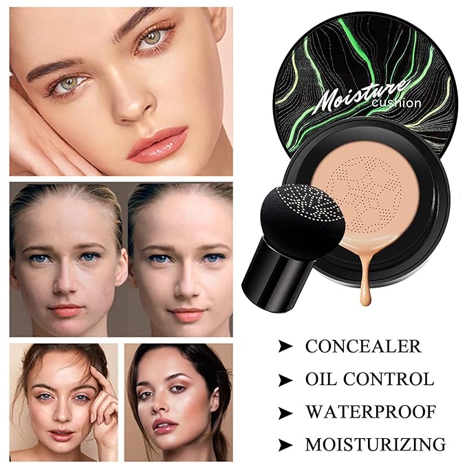 2 PCS Mushroom Head Air Cushion CC Cream Nature Foundation,Foundation Brush Powder Brush,Moisturizing Concealer, Bright Makeup Base Long Lasting with Mushroom Makeup Sponge(#05 Sand)