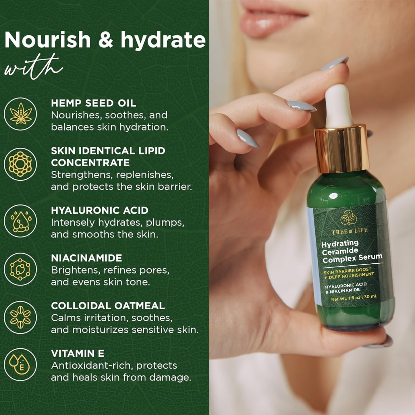 Tree of Life Beauty Ceramide Serum Complex - Skin Barrier Serum with Hemp Seed Oil - Nourishing Barrier Serum with Hyaluronic Acid, Niacinamide and Colloidal Oatmeal - Hydrating Serum for Face 1 Fl Oz