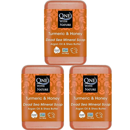 One With Nature Dead Sea Salt Turmeric Soap 7oz 3-Pack – Purifying and Exfoliating Soap Bar with Dead Sea Minerals and Honey for Face & Body, for Men & Women
