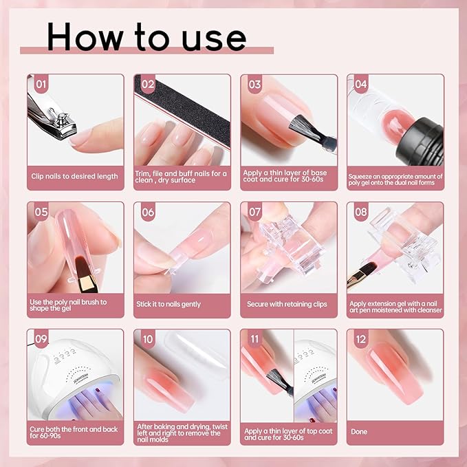 JEWHITENY 14 Colors Poly Extension Gel Nail Kit With U V Lamp Nude Pink White Brown All In One Poly Gel Starter Kit With Base Top Coat Manicure Salon Frence Nail Art DIY