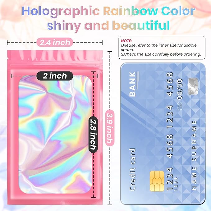 100 Pack Holographic Bags, Resealable Bags Packaging Bag with Clear Window Resealable Odor Foil Pouch for Food Storage, Lipgloss&Jewelry Lash Packaging(Pink, 2.4 x 3.9 Inch)