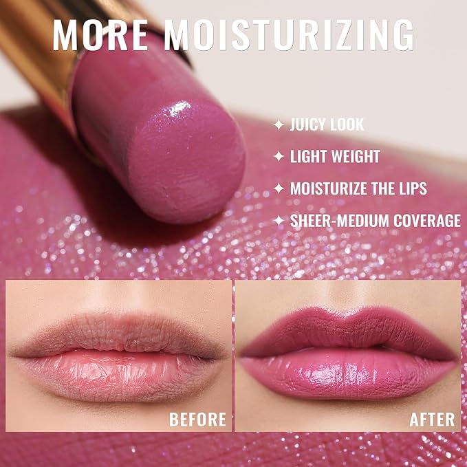 Oulac Moisture Mauve Pink Lip Gloss - 2 in 1 Shimmer Lipstick & Lip Balm, Long Lasting Hydrating, Juicy & Glossy finish, Smooth for Dry, Cracked and Chapped Lips, Vegan 2.2g/0.07oz (S04)