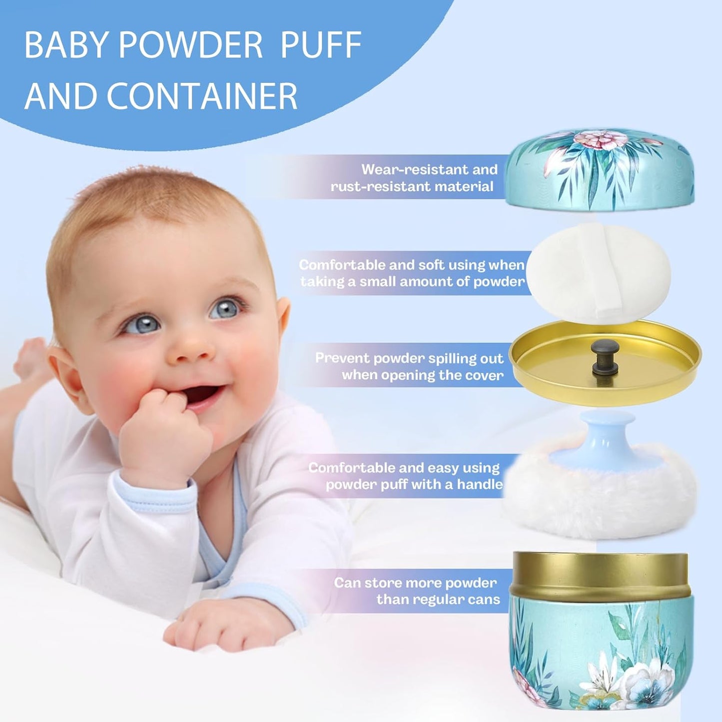 SHIMIDO Body Powder Puff and Container, 3.15" Portable Empty Body Powder Container for Baby Women's Loose Dusting Powder, Powder Case Box with Lids for Bath, Travel and Home Use (Dark&Big Flower)