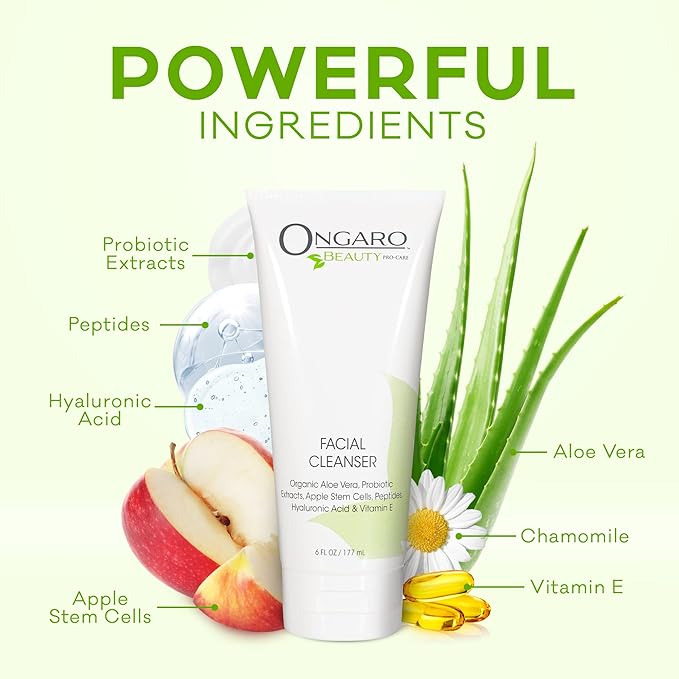 Ongaro Beauty Hydrating Face Cleanser, Gentle Facial Cleanser with Organic Aloe Vera for Normal, Oily, Sensitive and Dry Skin, Facial Wash with Hyaluronic Acid and Vitamin E, 6 fl oz